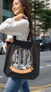 Malaysia KLCC Canvas Tote Bag with Zipper | Digital Print Souvenir Shopping Bag | Kuala Lumpur Travel Gift