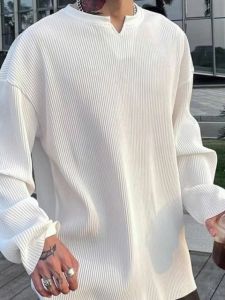 Loose Fit Ice Silk Long Sleeve V-Neck T-Shirt for Men Spring Trendy Brand Henry Collar Pleated Stripe Thin Summer Top