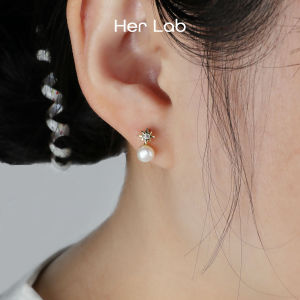 Her Lab Jewelry | Elegant Freshwater Pearl Earrings - 925 Sterling Silver Moon & Star Design with Zircon Details - Minimalist Jewelry for Women