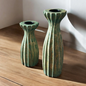 Mango Wood Washed Green Antique Colour Candle Stand