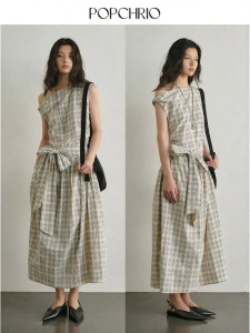 POPCHRIO | Đầm Dây Nơ Không Đều Accentuated Vintage Plaid