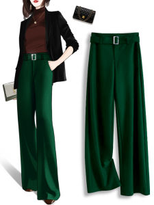 Slim Straight Leg Pants Womens New 2025 Spring Autumn Green Casual Drapey Suit Trousers High Waist Zipper Knitted Polyester