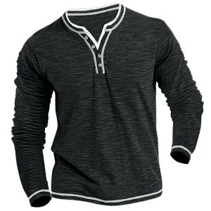 New Cotton Small V-neck T-shirts Mens Casual T-shirt Fall Winter Long-sleeved Comfortable Soft Stretch Henley Shirt