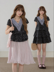 loveheynew | Đầm Áo Sơ Mi Hoa Cổ V Đính Ren Cổ Điển