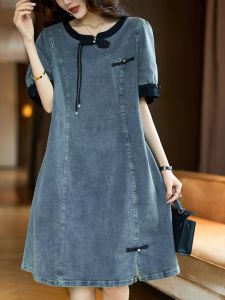 Váy Ngắn Tay Thời Trang Mùa Hè Cho Nữ Váy Denim Cỡ Lớn Phong Cách Mới Của Trung Quốc Váy Chữ a Cổ Chữ V Bằng Polyester