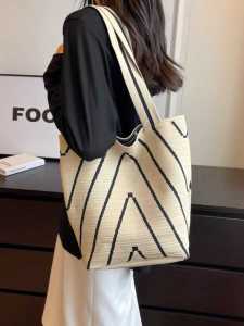 2025 Womens Large Capacity Wave Knit Bucket Bag Commuter Shopping Street Style Soft Handle Polyester Inner Material Shoulder Bag