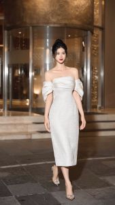 [Voucher 15% MOV 199K cap 100K  Đầm dạ hội HeraDG thiết kế dáng ôm ngực xếp đổ kèm tay nơ rời chất tafta WDHBC2018