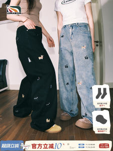 กางเกงยีนส์ทรงหลวมสำหรับผู้ชาย LeManism ปักลายสุนัขการ์ตูน ทรงตรง ทรงหลวม กางเกงยีนส์ทรงหลวมฤดูใบไม้ผลิและฤดูใบไม้ร่วงสำหรับคู่รัก