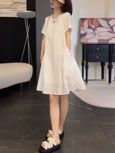 ชุดเดรสแขนสั้นสีขาวสไตล์ฝรั่งเศส ทรงหลวม ลำลอง แฟชั่นฤดูร้อน กระโปรงรัดเอว ชุดเดรสผู้หญิง ชุดเดรสผู้หญิง
