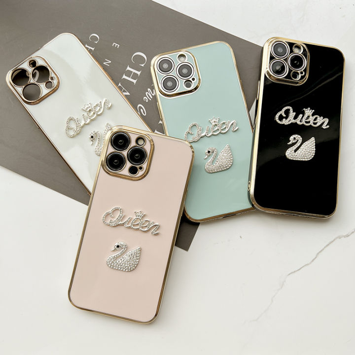 Hontinga Casing Case For OPPO Reno 5F Reno 4F Reno 4 4G Reno 4Z 5G Reno 5 5G 4G Reno 5 Pro 5G Case Swan Queen Fashion Solid Color Luxury Chrome Soft TPU Square Phone Case Full Cover Camera Protection Casing Anti Gores Rubber Case