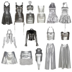 Bộ Váy Jazz PU Da Bóng Cá Tính Cho Nữ Áo Vest Nữ Tính Đầm Dây Gợi Cảm Bộ Trang Phục Biểu Diễn Hợp Thời Trang Mùa Thu 2024