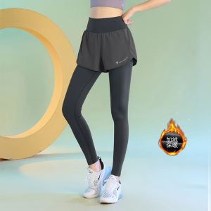 Fleece Lined Yoga Pants Womens Autumn Winter High Waist Compression Trousers Fitness Running Sports Pants Fake Two-Piece