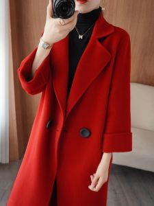 เสื้อโค้ทขนสัตว์ผู้หญิงสไตล์เกาหลี ทรงหลวม แขนยาว ปกสูท คอโปโล สีแดง เสื้อคลุมกันหนาวแบบสวมหัว ฤดูใบไม้ร่วง/ฤดูหนาว