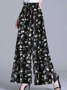 New Fashionable Summer Thin Wide Leg Pants for Women Floral Print Versatile Petite Size High Waist Casual Trousers Skirt