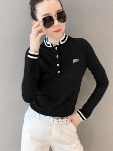 Spring Autumn Long Sleeve Polo Shirt Stand Collar New Style Womens Fashion Slim Fit Pure Cotton Small Shirt T-Shirt Casual Streetwear