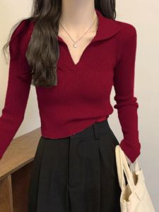 Womens Slim Fit V-Neck Knitted Base Shirt Short Sleeve Long Sleeve Spring Autumn Inner Wear Design Sense Small Audience