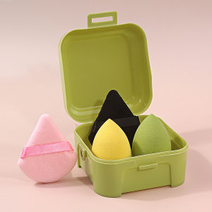 ชุดฟองน้ำแต่งหน้าแบบนุ่มพิเศษหลากสี 4 ชิ้น และพัฟแป้งรูปสามเหลี่ยม พร้อมกล่องเก็บ - ฟองน้ำเครื่องสำอางแบบใช้ได้ทั้งแบบเปียกและแบบแห้ง