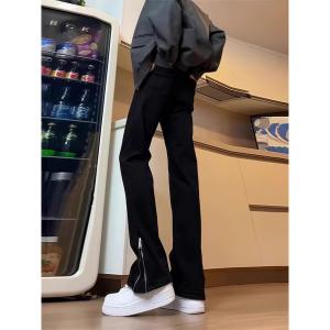 Side Zipper Straight Black Jeans Slim