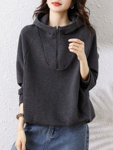 September Stray Ink 2024 Autumn New Loose Fit Hooded Stand Collar Womens Sweatshirt Versatile Simple Design Artistic Top