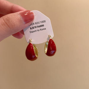 Red Waterdrop Earrings Womens Fashionable Vintage Hong Kong Style Elegant Ear Cuffs Alloy Plated Silver Geometric Shape