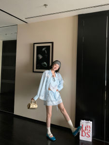 Breathable Light Blue Printed Shirt and Skirt Set