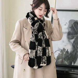 Korean Style Long Water Rabbit Fur Scarf Mens Black White Plaid Warmth Shoulder Shawl Couples Spring Autumn Winter Accessories