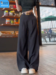 Black Casual Wide Leg Pants High Waist Slim Straight Floor Length Suit Trousers for Women High Waist Polyester Fiber