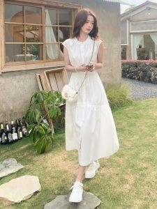White A-Line Shirt Dress Womens Summer New Style French Waist-Cinching Design Sleeveless Dress Casual Pure Color Polyester