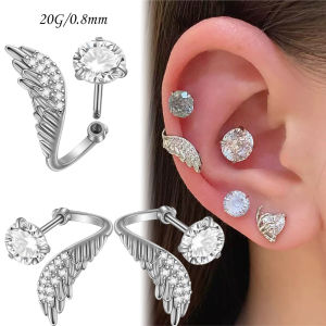 1Pair Silver Color Wing Paved CZ Ear Bone Nail 20g for Women Stainless Steel New Fashion Zircon Piercing Earrings