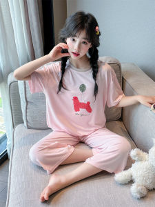 Girls Modal Summer Sleepwear Short Sleeve Home Clothes Set Youth Casual Comfortable Breathable Skin-friendly round Neck Pullover