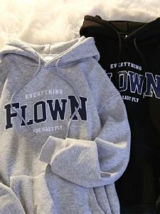 Womens Fleece Lined Hoodie Multi Colored Letter Print Black Streetwear Style Long Sleeve round Neck Pullover Autumn Winter