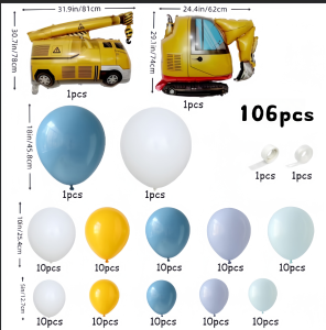 106Pcs Construction Vehicle Theme Balloon Arch Set Large Crane and Excavator Foil Balloons White Yellow Macaron Green Latex
