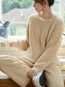 Thickened Half-Fleece Sleepwear Set Soft And Elastic Home Clothes for Women Winter New Style Ice Cream Color Polyester Fiber