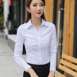 สลิมฟิต เสื้อแขนยาว สีขาว พลีท ผู้หญิง เสื้อเชิ้ต ฤดูใบไม้ผลิ สไตล์ใหม่ ดีไซน์ เซนส์ เสื้อชั้นใน สไตล์การเดินทาง โพลีเอสเตอร์ ผ้า