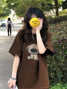 round Neck Pure Cotton Short Sleeve T-shirt Top Ins Womens Clothing Summer Dark Gray Shoulder Width Loose Fashionable Couple Same T-shirt