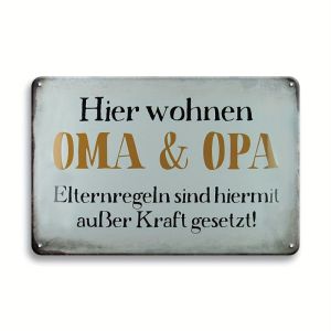 1pc Retro Germany Text Metal Sign | "Hier Wohnen OMA&OPA Elternregeln" | 12x8 Inch Humour Tin | Grandma & Grandpa Gift Idea