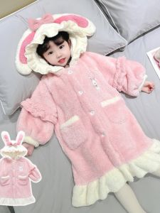 Princess Style Coral Fleece Childrens Sleep Robe with Hat Autumn Winter Home Clothes Little Girls Plush Robe Warm Cozy Kids Gown