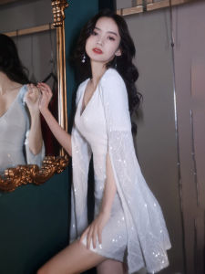 Elegant White Evening Gown Short Wrap Bodycon Long Sleeve V-Neck Sequin Embellished Womens Birthday Party Host High-End Feel