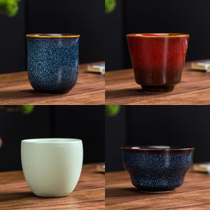 แก้วเหล้าใช้ในบ้านแก้วเซรามิกสำหรับเปลี่ยนเตาเผาเบียร์เหล้าเหลืองสไตล์วินเทจแบบจีนสำหรับใช้ส่วนตัวแก้วเหล้าจิบชาแก้วเหล้า