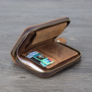 Handmade Genuine Leather Zipper Short Wallet Vintage Style Vertical Pocket Mens Retro Coin Purse Top Layer Cowhide Leather