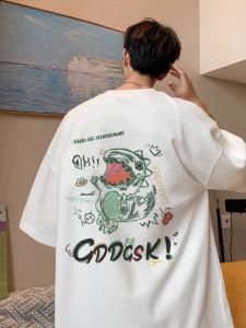 American Style Loose Fit Short Sleeve T-Shirt for Men with Small Dinosaur Print Cotton Youth Fashion Summer Casual Wear