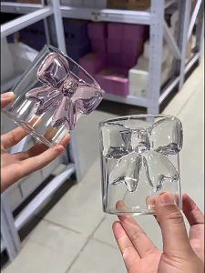 Multi-Use Transparent Pink Bow Glass Heat-Resistant High Borosilicate Drinking Glasses 3D Milk Glass Cup Party