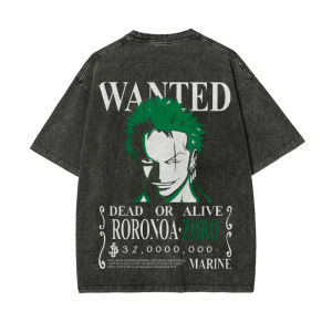 Bandai | ONE PIECE Mens and Womens Washed T-Shirt Roronoa Zoro Summer and Spring Anime Tee Retro Casual Y2k Distressed Short Sleeve