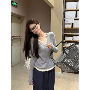 Áo Len Dệt Kim Dài Tay Ôm Vừa Vặn Cổ Bồng Màu Tương Phản Cho Nữ Đầu Thu Thiết Kế Mới Áo Sơ Mi Cơ Bản Cổ Bồng