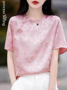 WANGGONGZHU | Elegant Short Sleeve Embroidered Shirt Womens Summer Thin New Chinese Style Princess Design Sense T-Shirt Straight Cut Pure Color