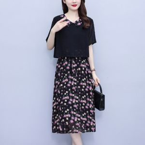 Summer Slimming Meat Concealing Floral Chiffon Dress Womens High Waist A-Line Skirt Short Sleeve Zipper Closure Commute Style