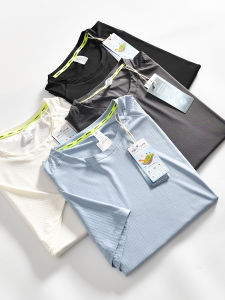 Cool Black Technology! Three-Dimensional Plaid Texture! Men Spring and Summer Quick-Drying Four-Sided Stretch Pure Color Sports Short-Sleeved T-shirt