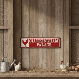 CIFbuy | Cluckingham Palace Rooster Tin Sign Rustic Farmhouse Decor Metal Wall Art 4x16