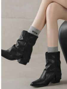 Genuine Leather Retro British Style Pointed Toe Short Boots Womens Single Martin Boots Thick High Heel Pants Tube Boots