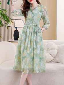 Floral Print Chiffon Dress Womens Summer 2025 Spring Autumn New Style Elegant Trendy Seven Sleeve A-Line Skirt Korean Style